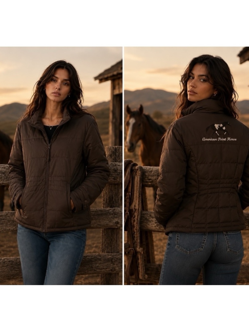 American Paint Horse Women's Quilted Brown Trench Coat